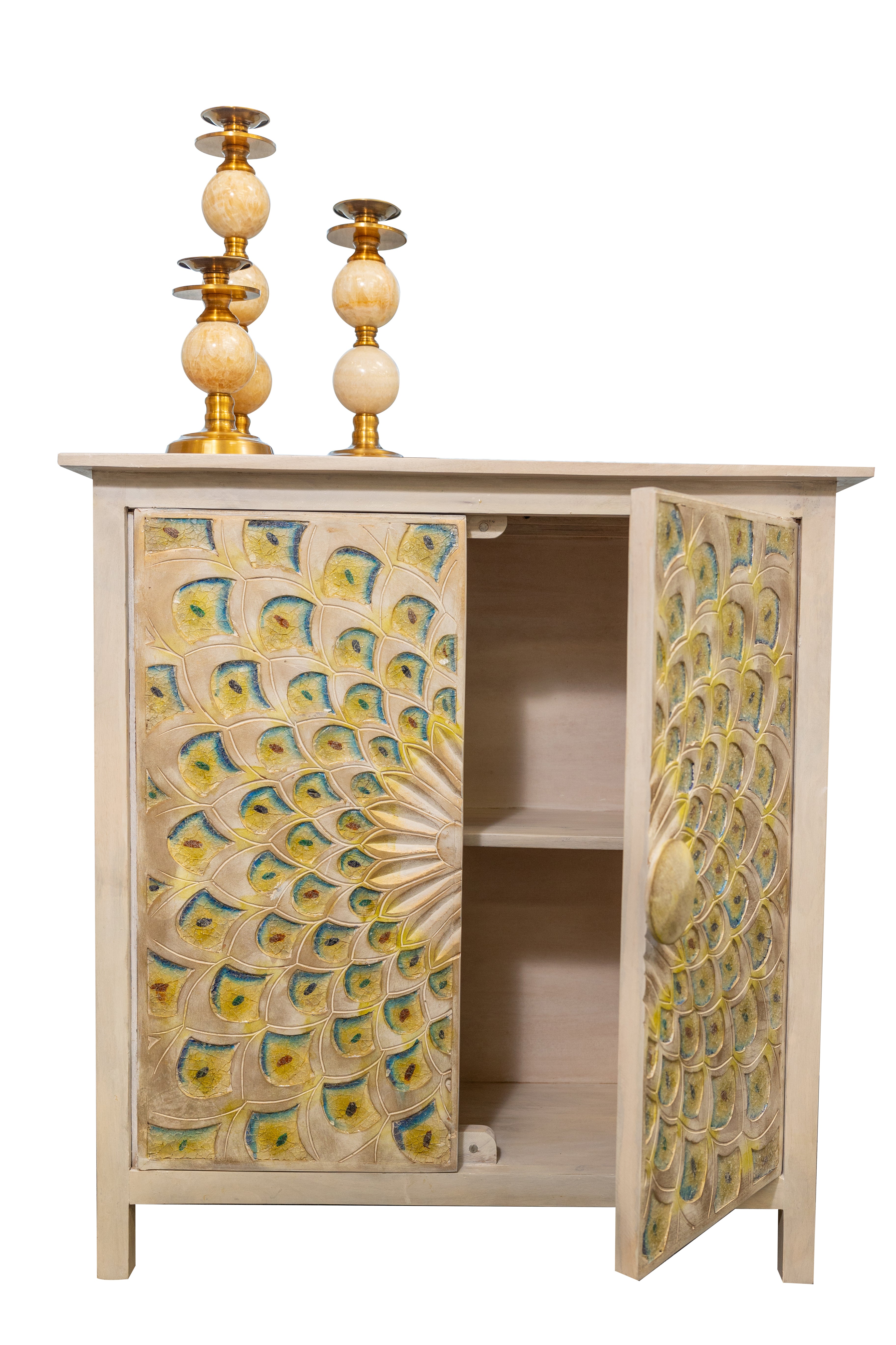 Peacock Motif Solid Wood Cabinet