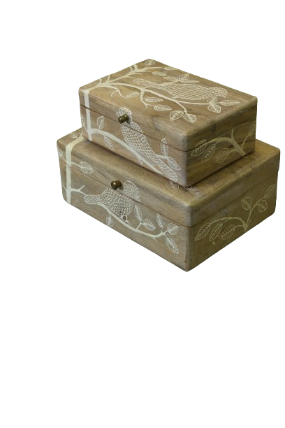 Handcrafted Wooden Bird Motif Storage Boxes